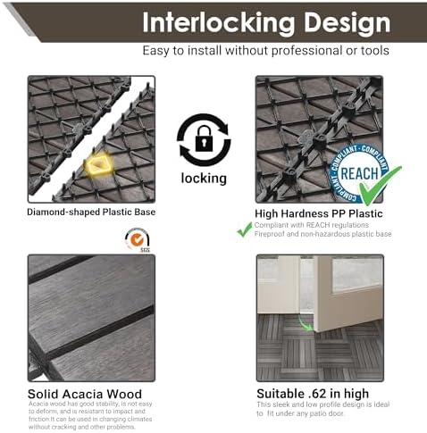 PrimeZone 9 PCS Solid Acacia Wood Interlocking Patio Deck Tiles Outdoor - Image 4