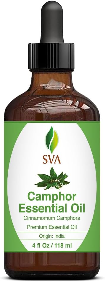 SVA Camphor Essential Oil – 4 Fl Oz – 100% Natural Camphor Oil - for Diffuser, Hair Care, Face, Skin Care, Aromatherapy, Scalp and Body Massage, Soap and Candle Making – with Dropper