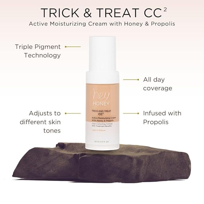 Hey Honey Trick and Treat CC Cream SPF 46 | Active Moisturizing Color Correcting Cream with Honey & Propolis | Best Cover For Rosacea, Skin Redness & Mature Skin | Cruelty-Free | 1 oz (Light-Medium)