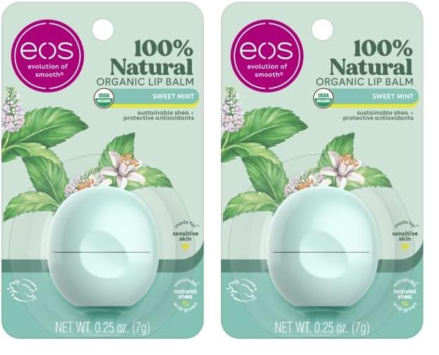 eos 100% Natural & Organic Lip Balm- Sweet Mint, Dermatologist Recommended, All-Day Moisture, Made for Sensitive Skin, Lip Care Products, 0.25 oz (Pack of 2)