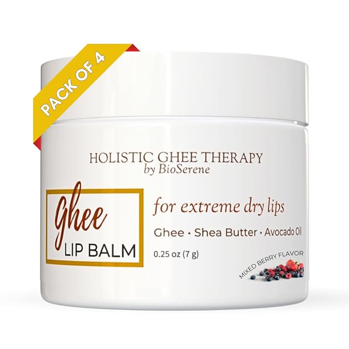 Natural Lip Balm For Very Dry Lips | Pack of 4 | Moisturizing Ghee, Shea Butter, Beeswax, Coconut Oil, & Jojoba Oil | Hydrating Lip Care For Chapped Lips, After Sun Care | Bioserene