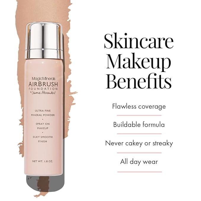 Jerome Alexander MagicMinerals AirBrush Foundation, Spray Makeup with Skincare Active Ingredients, Ultra-Light, Buildable, Full Coverage Formula (Warm Medium)