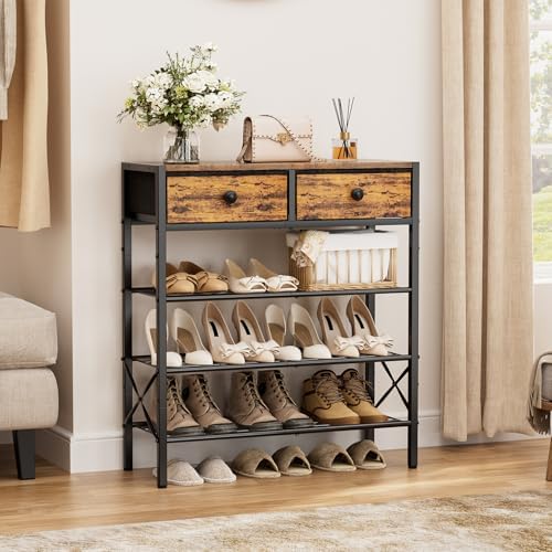 4 Tier Shoe Rack with 2 Drawers, 12-16 Pairs Rustic Brown - Image 4