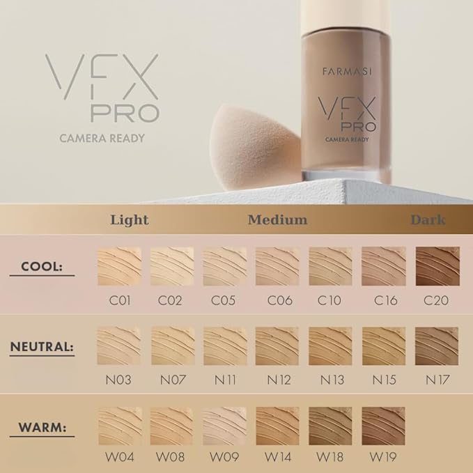 FARMASi Vfx Pro Foundation, Full Coverage Liquid Cream, Lightweight Long Lasting Coverage, Breathable Skin Moisturizer with Color True Matte Blending, Face Makeup, 1 fl. oz / 30 ml - Neutral Light 03