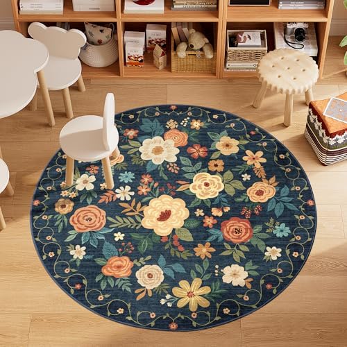 DUKINO 4ft Round Rug, Floral Washable Small Round Area Rug - Image 2