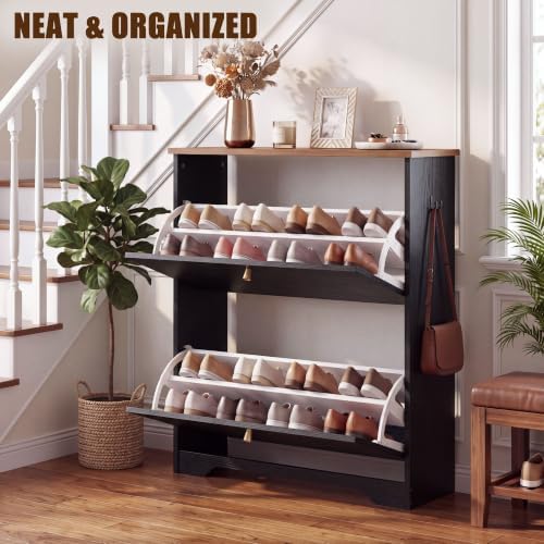 Nicetree 2 Flip‑Drawer Shoe Cabinet, Walnut Top, 9.5" Deep, Light Black - Image 4
