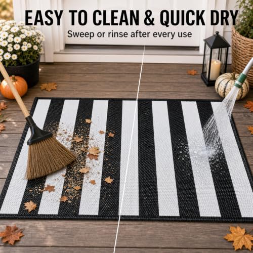 3x5 Ft Black and White Striped Reversible Plastic Straw Outdoor Rug - Image 6