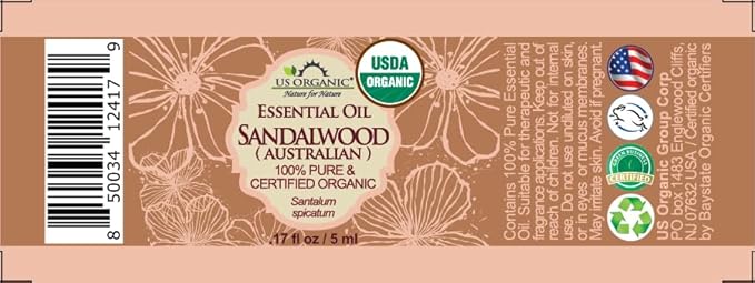 US Organic 100% Pure Sandalwood Essential Oil, USDA Certified Organic, Steam Distilled, Santalum Spicatum, Premium Quality, Woody Scent, Ideal for Diffuser, Massage & Skincare, from Australia (5 ml)