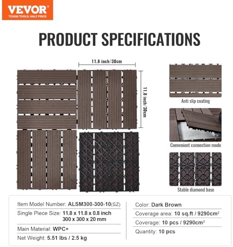 VEVOR Interlocking Deck Tiles Plastic Wood, 10 Pack, Patio Floor Decking - Image 7