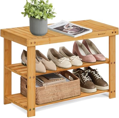 SONGMICS Shoe Rack Bench, 3-Tier Bamboo Shoe Storage Organizer, Entryway Bench by SONGMICS