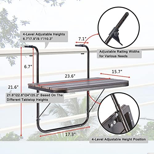 Balcony Railing Table Outdoor Hanging Folding Brown Aluminium Metal Side Table - Image 2