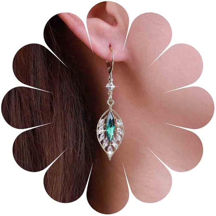 Vintage Emerald Leaf Earrings Rhinestone Leaf Drop Earrings Green Emerald Dangle Earrings Gold Crystal Leaf Hoop Earrings Jewelry for Women