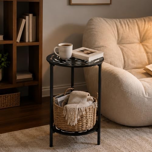 Extra-large 2-tier Metal Round Side Table Black 16" Accent Coffee Tables Small - Image 2
