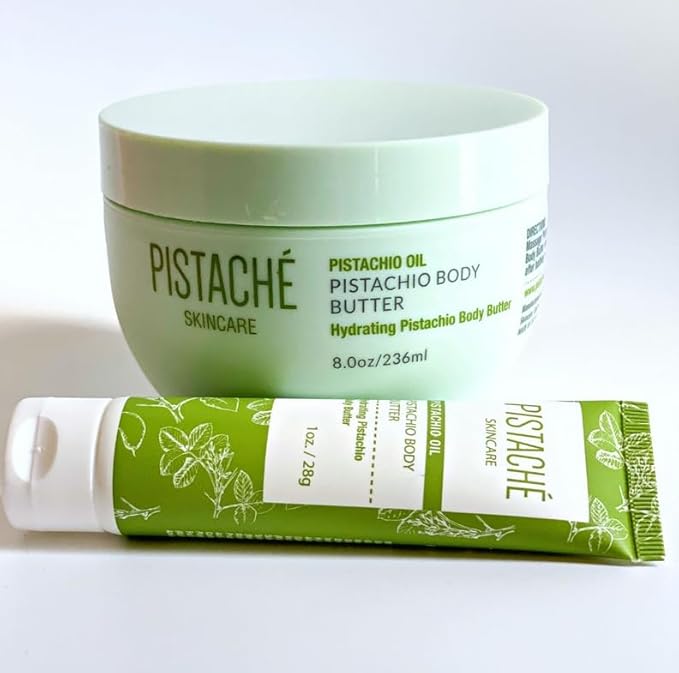 Pistaché Skincare Pistachio Oil 5-Pc Mini Collection (Travel) + Body Butter, Hand Cream, Biscotti Perfume, Eye Cream & Face Moisturizer + Hydrates and Nourishes + Vitamin E + Antioxidant Protection