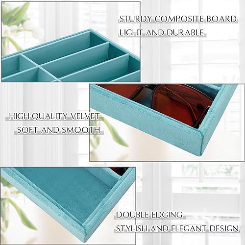 Amylove 2 Pack Sunglasses Organizer Tray Velvet Holder, 8 Grids, Light Blue - Image 3