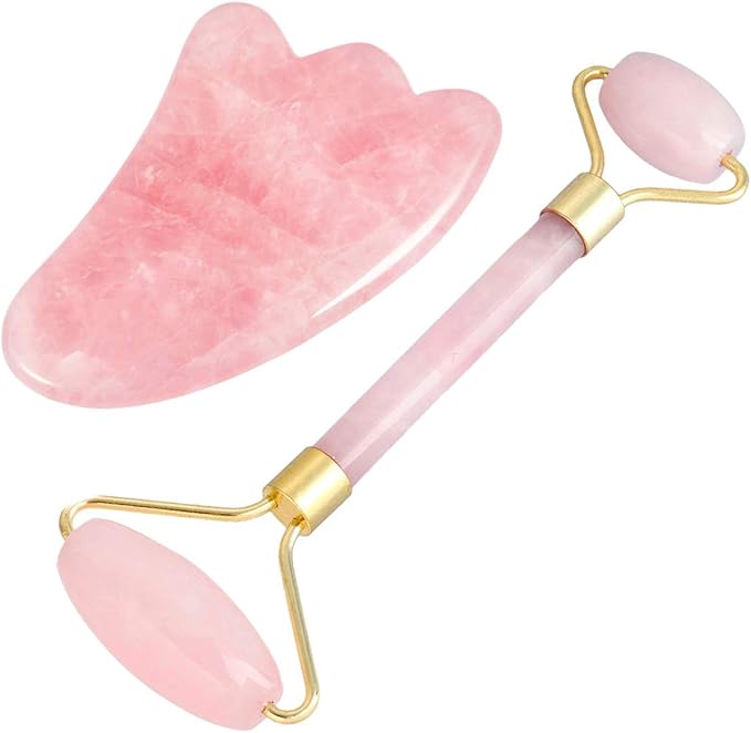 mookaitedecor Rose Quartz Roller & Gua Sha Tool for Face and Neck Massage, Facial Massager for Anti Aging