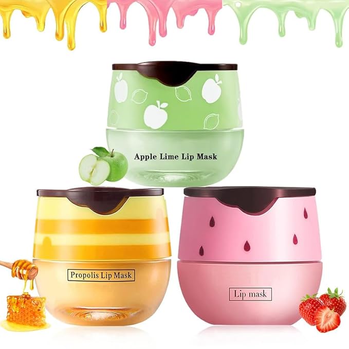 3PCS Bee Lip Balm Honey Pot,Honey&Apple Lime Lip Mask Overnight Moisturizing Lip Balm,Hydrating Prevention Dry and Cracked Reduces Lip Lines Lip Sleeping Mask (Honey+Strawberry+Apple Lime)