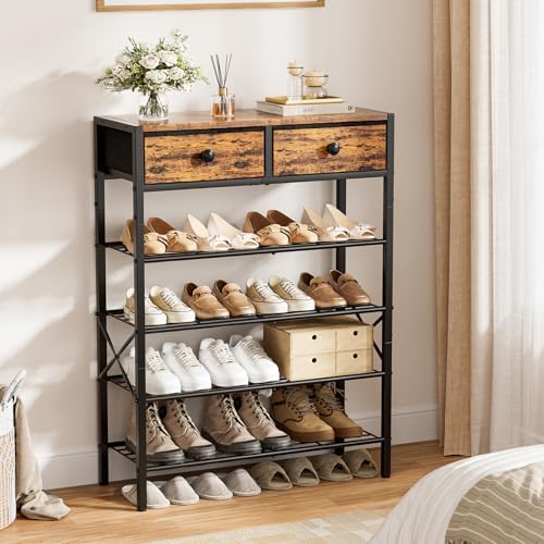 5 Tier Shoe Rack with 2 Drawers, 16-20 Pairs Rustic Brown - Image 2
