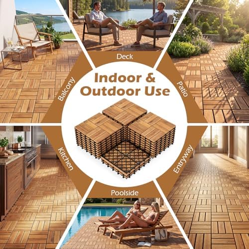 GIANTEX 54 PCS Acacia Wood Deck Tiles, Interlocking Patio Flooring Tiles - Image 7