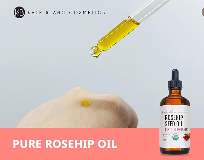 Kate Blanc Cosmetics Rosehip Oil for Face & Softer Glowing Skin (1oz, Organic, Pure, Cold Pressed) Rosehip Seed Face Oil for Facial & Gua Sha Massage