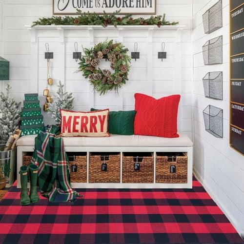 Red and Black Plaid Rug, Cotton Woven Rug - Image 2