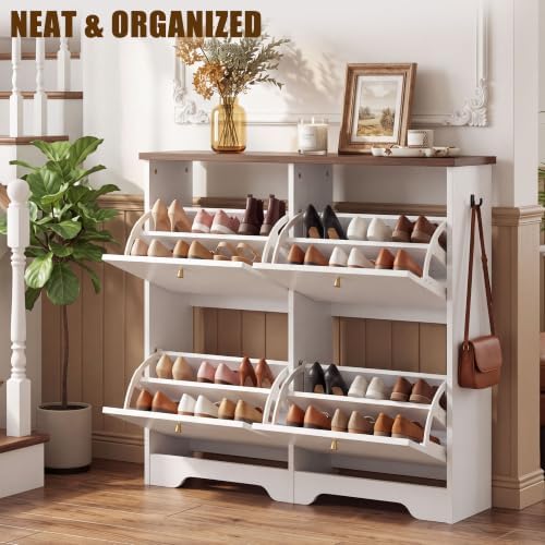 Nicetree 4 Flip‑Drawer Shoe Cabinet, Walnut Top, 9.5" Deep, Light White - Image 4