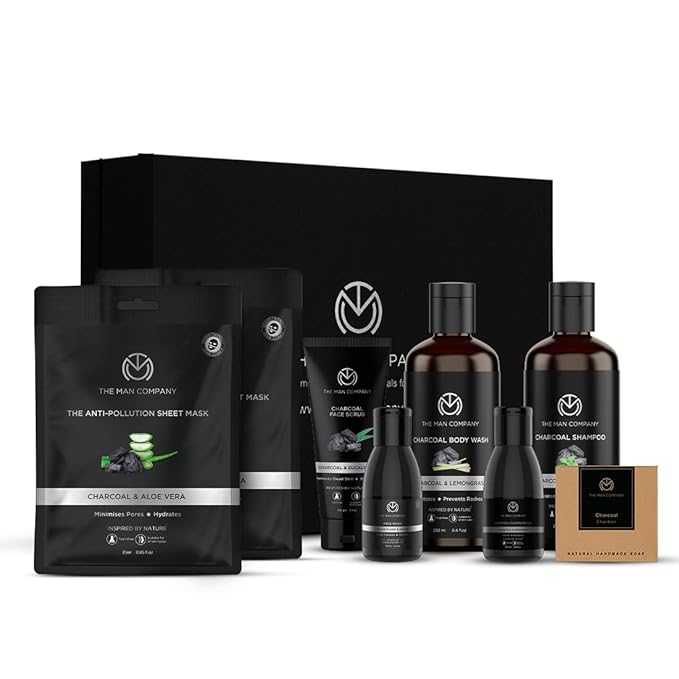 The Man Company Ultimate Charcoal Detan Kit with Elegant Gift Box | Charcoal Body wash, Shampoo, Face Scrub, Face wash, Charcoal Soap, Cleansing gel, Charcoal Sheet mask*2 (Set of 8)
