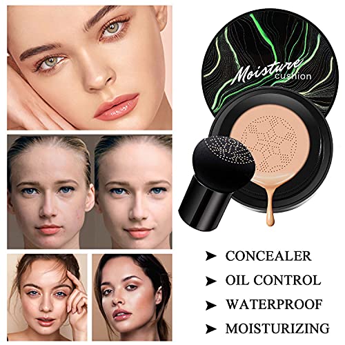 Mushroom Head Air Cushion CC Cream Natural Foundation,Phoera Powder, Bright Makeup Base Long Lasting with Makeup Sponge and Flat Top Kabuki Foundation Brush (# 02 Natural)