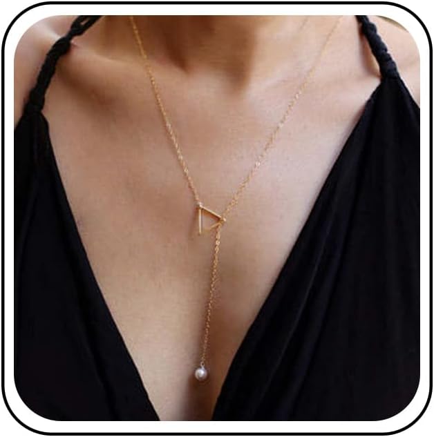 Boho Pearl Triangle Necklace Gold Y Pearl Necklace Minimalist Y Lariat Necklace Geometry Chain Jewelry for Women and Girls
