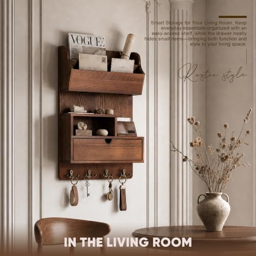 Rebee Vision Key Holder Wall Mount, Mail Organizer & Drawer, Retro Brown - Image 4