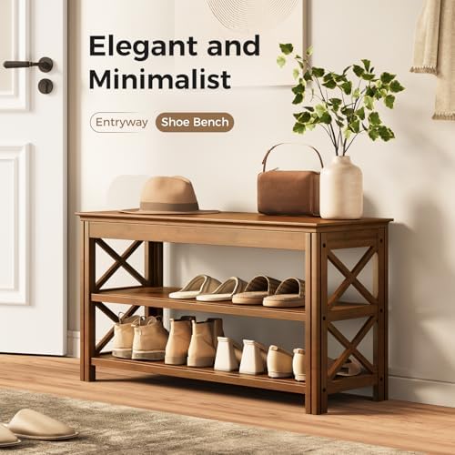 Bamworld Shoe Rack Bench with Storage 3 Tier Bamboo Shoe Bench Entryway Rustic - Image 3
