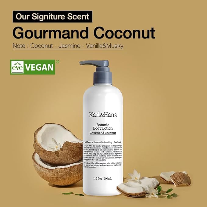 Karl&Hans Botanic Vegan Body Lotion Gourmand Coconut, Long-lasting Hydration with Soothing Coconut Fragrance - For Hands and Body, 13.2 fl oz