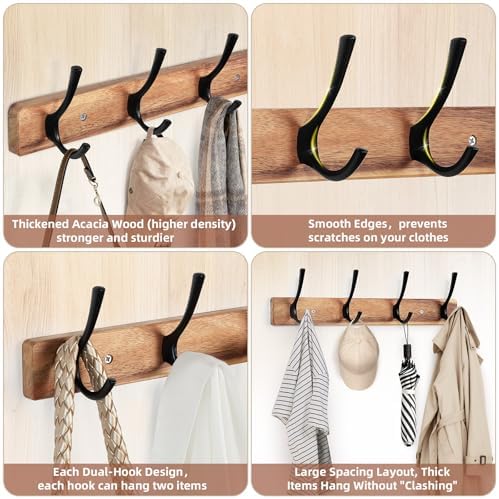 Yangbaga Coat Rack Wall Mount, Acacia Wood Coat Hooks Wall Mount, Hat Rack Wall - Image 3