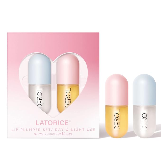 DEROL Lip Plumper Set, Lip Plumper Gloss, Natural Lip Plumper and Lip Care Serum, Lip Enhancer for Fuller, Lip Mask, Beautiful Fuller, Hydrating & Reduce Fine Lines Day&Night, 5.5ml (WS002)