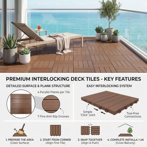 44 Pack Plastic Interlocking Deck Tiles, 12 x 12 Inch Waterproof Outdoor Floor - Image 4