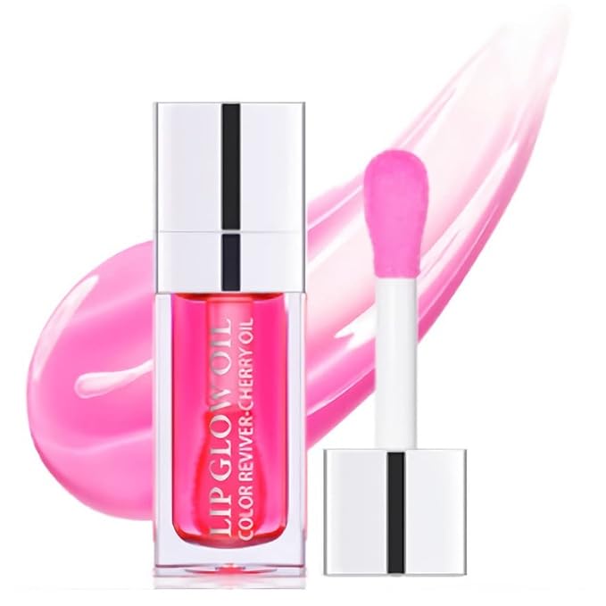 Yasovigi Hydrating Lip Oil Plumping Lip Tint Moisturizing Lip Gloss, Transparent Lip Balm Care Stick Nourishing Repairing Non-sticky, Moisture&Lighten Lip Lines (Transparent + Cherry)