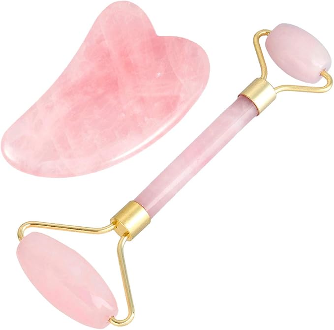 mookaitedecor Rose Quartz Roller & Gua Sha Tool for Face and Neck Massage, Facial Massager for Anti Aging