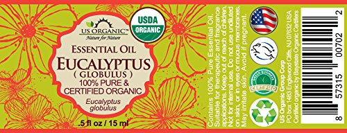 US Organic 100% Pure Eucalyptus Essential Oil (Globulus) - USDA Certified Organic, Steam Distilled - W/Euro droppers (More Size Variations Available) (15 ml / .5 fl oz)