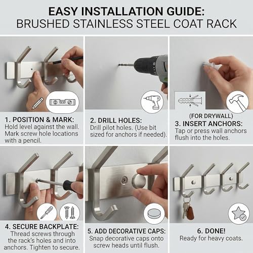 Coat Rack Wall Mount – Brushed Nickel 12 Inch Stainless Steel Hook Rail - Image 7