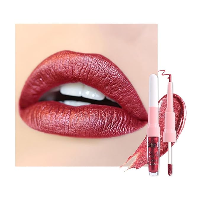 evpct Dark Red Metallic Glitter Lip Liner and Lipstick Combo Lip Gloss Stain Set Makeup for Women Long Lasting Waterproof 24, Wine Red Frosted Metallic Shimmer Glossy Chrome iridescent Liquid Lipstick