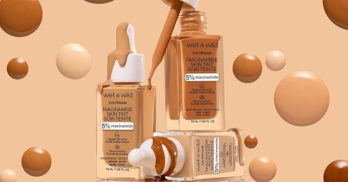 wet n wild Bare Focus Skin Tint, 5% Niacinamide Enriched,Buildable Sheer Lightweight Coverage,Natural Radiant Finish,Hyaluronic & Vitamin Hydration Boost,Cruelty-Free & Vegan-Light Medium Sand
