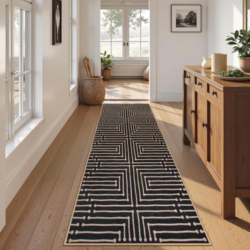 Lahome Maze Lines Washable Kitchen Runner Rug, 2x8 Black Outdoor Runner Rug - Image 2