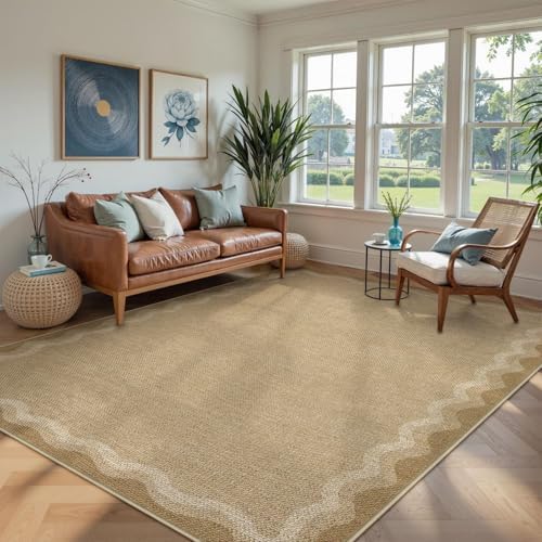 LIVEBOX Scalloped Washable 8x10 Outdoor Rug, Easy Jute Tan Rug by LIVEBOX