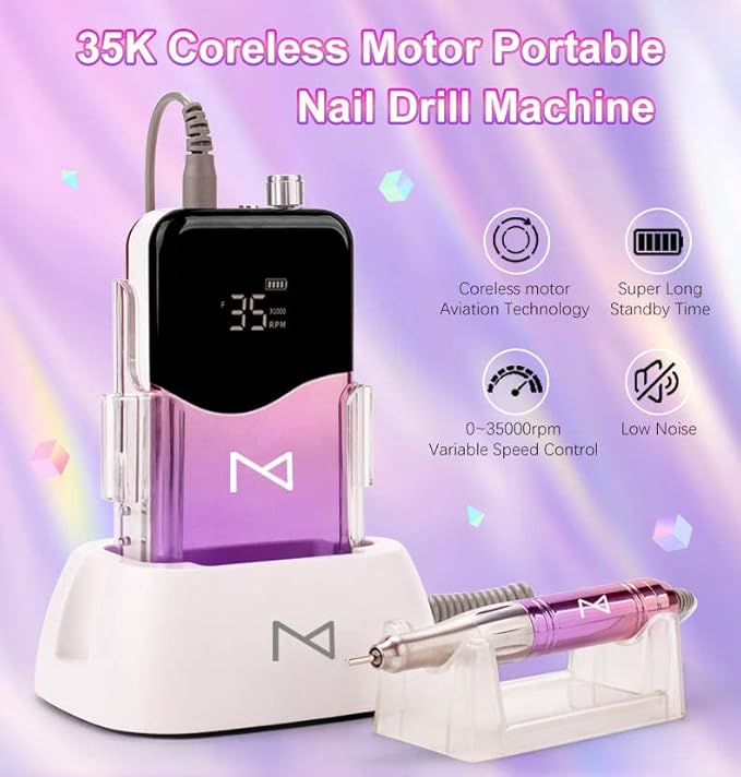 M Mase- Professional Nail Drill Machine - Coreless 2-in-1 Nail File - Electric, Cordless, 35000 RPM, HD Display - Electric Nail Drill for Professional & Home Use (Metallic Gold)