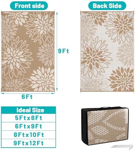 HEBE Waterproof Outdoor Rug 6'x9', Floral Reversible Plastic Patio Rug - Image 2