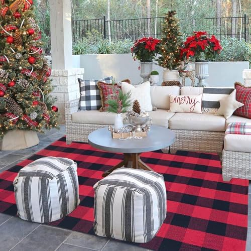 Red and Black Plaid Rug, Cotton Woven Rug - Image 3
