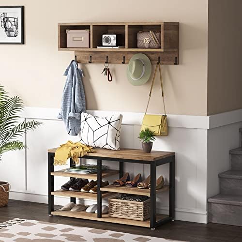 Tribesigns Coat Rack Set, Hall Tree, Industrial Shoe Bench, 3 Storage Cubbies - Image 3