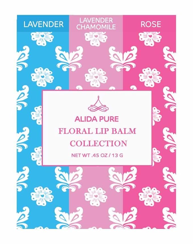 Floral Lip Balm Collection, Vegan Lip Balm Set, Beeswax Free, with Avocado Oil, Organic Jojoba Oil, and Vitamin E, Natural Moisturizer for Dry, Chapped or Cracked Lips, 3 Tube Set