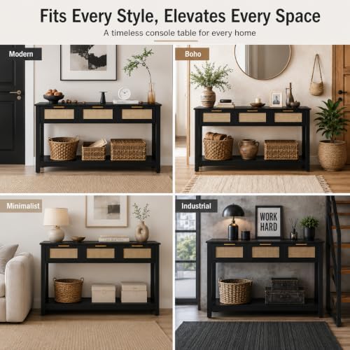 Luoxiao Rattan Console Table 3-Drawer 47" Narrow Black Entryway Sofa Table - Image 5