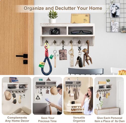 Key Holder Wall Mount with Mail Organizer, 6 Hooks & Shelf - Image 2
